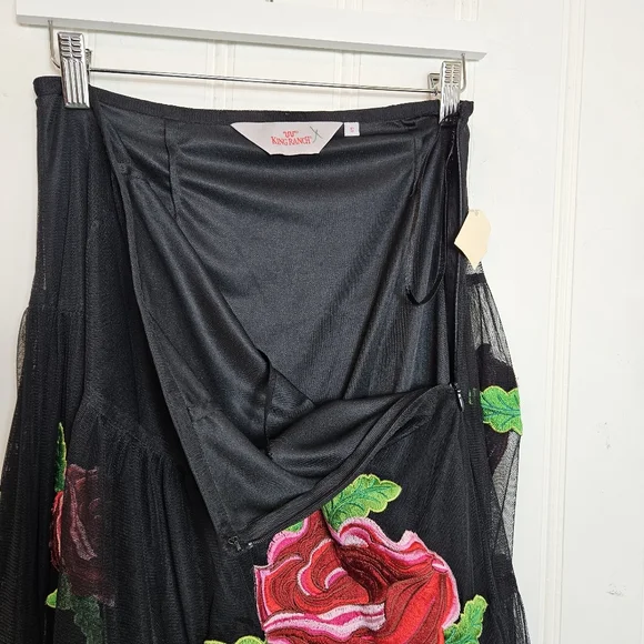 Black Midi Skirt with Red Rose Embroidery - Picture 9 of 14